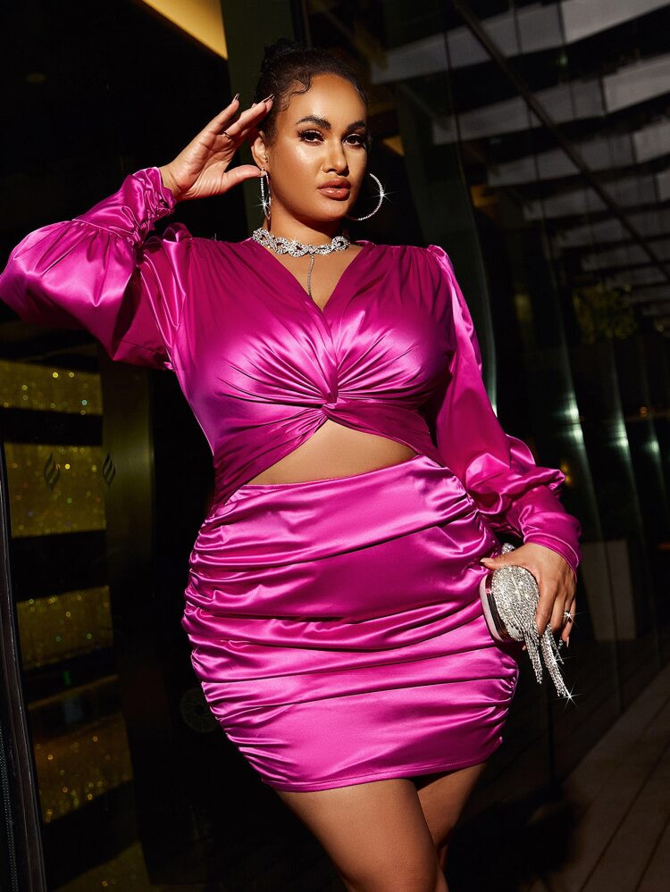 Glamaker Plus Twist Cut Out Front Ruched Satin Dress | SHEIN