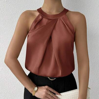 Women Champagne Color Plain Crew Neck Sleeveless Blouse With Ruched Detail, Elegant Office/Casual Wear For Summer | SHEIN