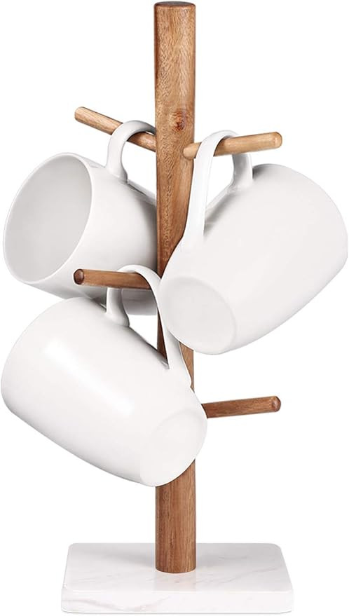Buruis Wood Mug Holder, Marble Base Cup Rack Tree, Mug Stand Hanger, Kitchen Coffee Mug Tree Coun... | Amazon (US)