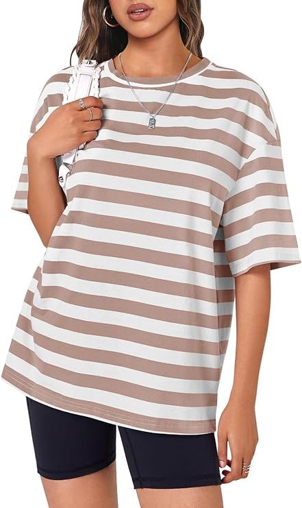 MEROKEETY Women's 2024 Summer Half Sleeve Striped T Shirts Casual Crew Neck Oversized Tee Tops | Amazon (US)