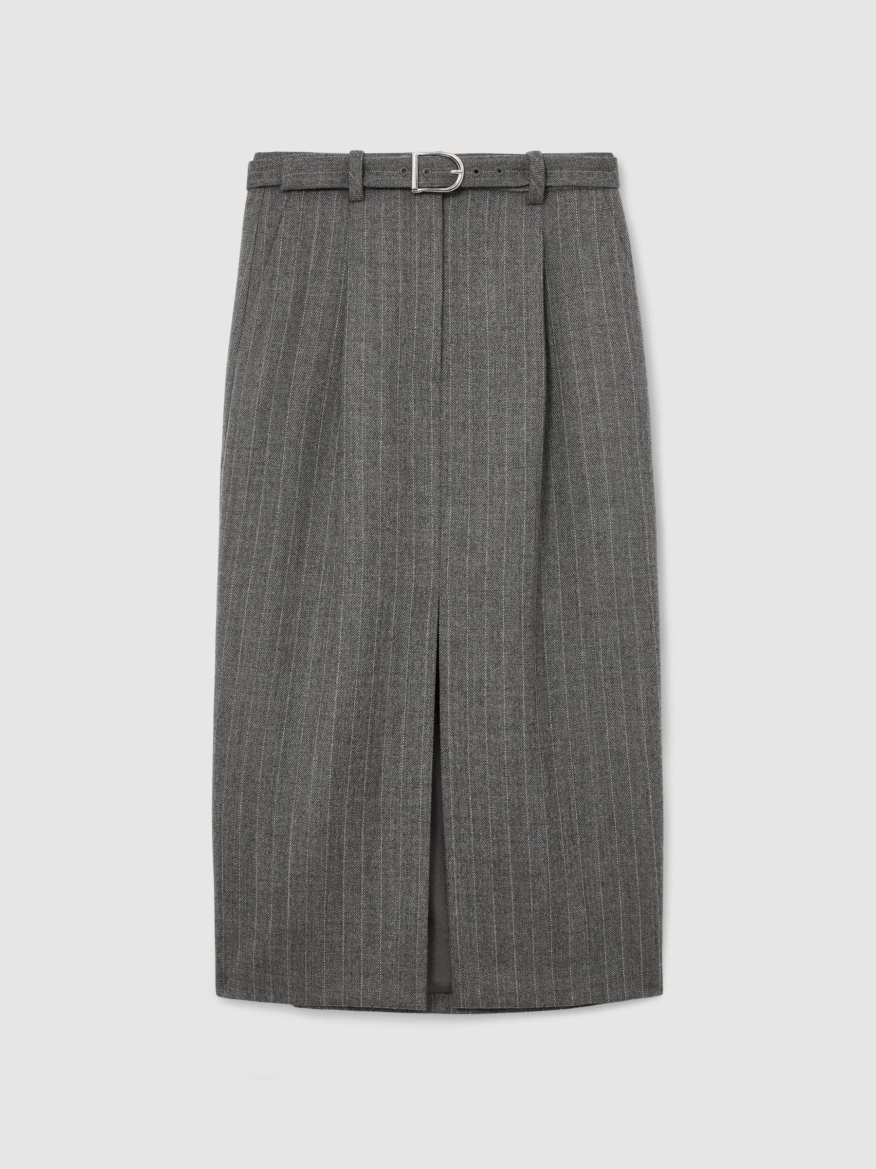 Reiss Wool Pinstripe Belted Pencil Skirt in Grey - REISS | Reiss UK