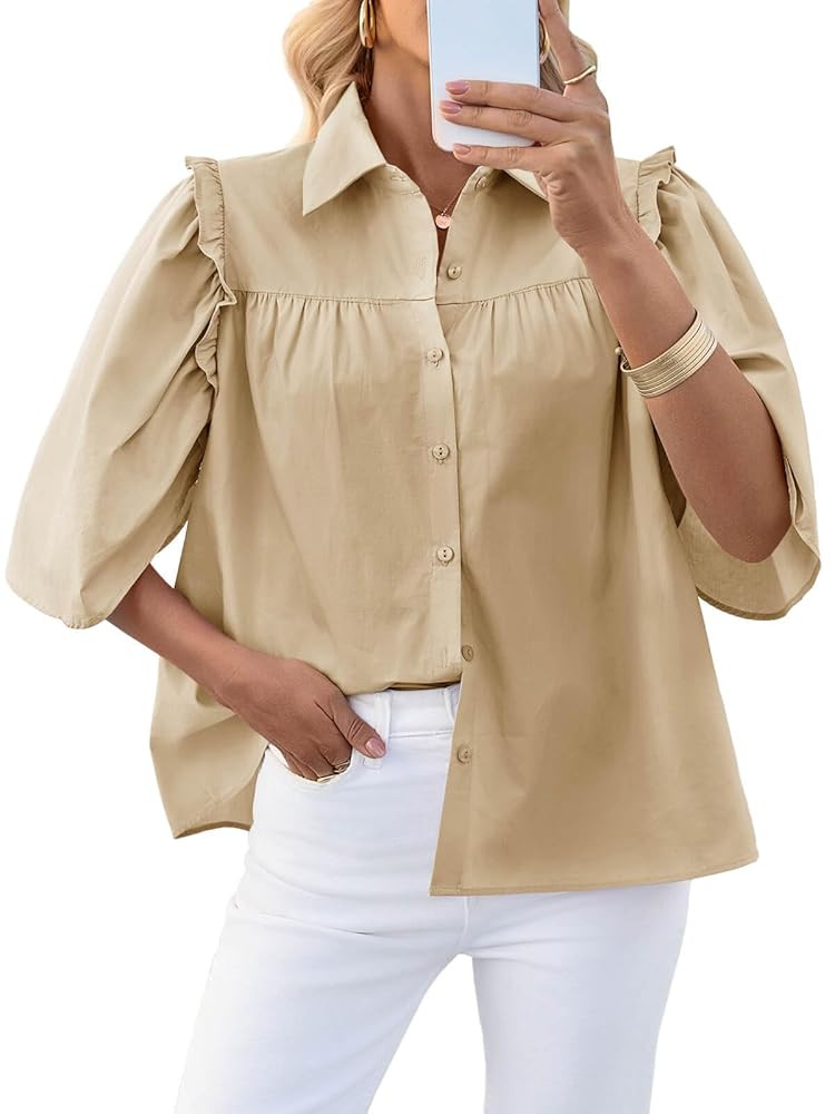 Cicy Bell Womens Summer Button Down Shirts Short Ruffle Puff Sleeve Cotton Blouses Dressy Casual ... | Amazon (US)
