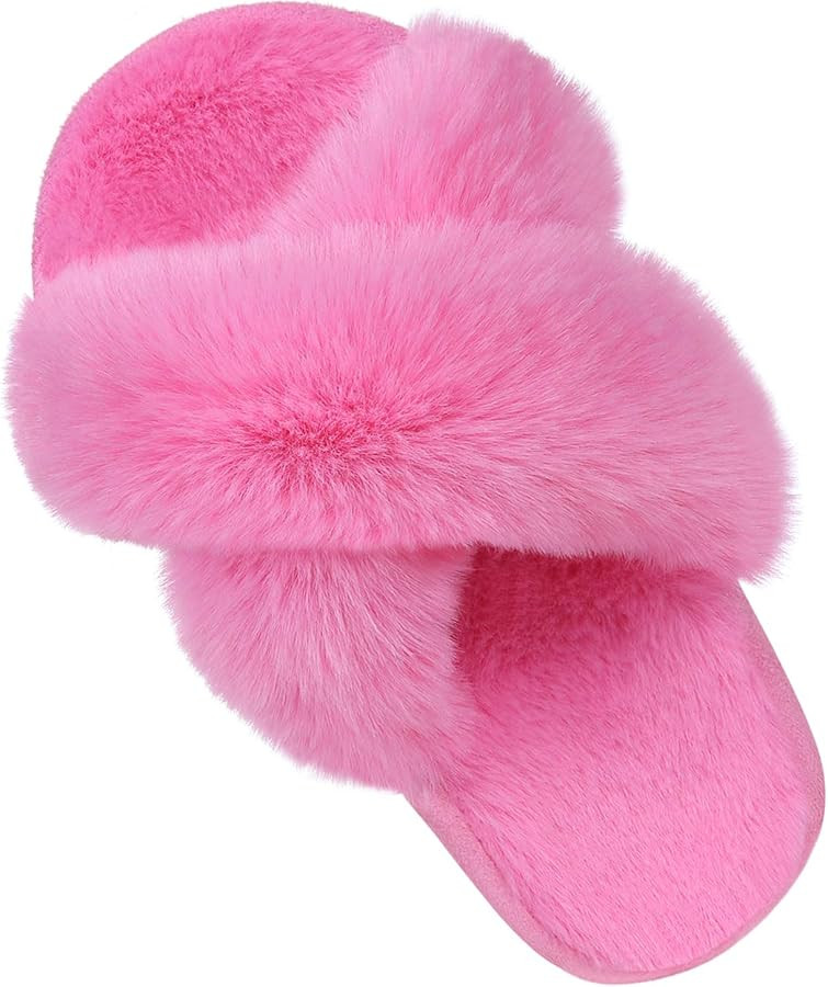 Girl's Soft Plush Lightweight House Slippers Non Slip Cross Band Slip on Open Toe Cozy Indoor Out... | Amazon (US)