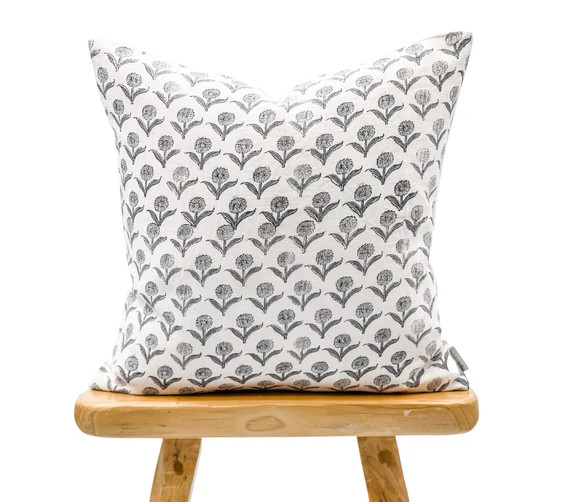 Designer Floral Rock Grey on Off white Linen Pillow Cover, Small Flowers Pillow cover, Boho Pillo... | Etsy (US)