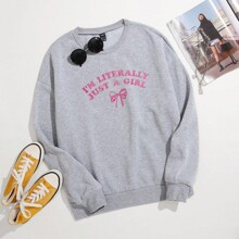 Womens Oversized Dropped Shoulder Im Just A Girl Bow Pattern Embroidery Heat Transfer Sweatshirt | SHEIN