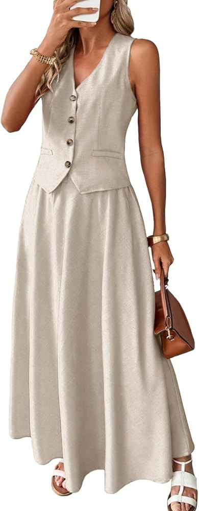 ELLEVEN 2 Piece Linen Sets for Women Summer Outfit,V-Neck Vest Top & Flowy Maxi Skirt | Amazon (US)