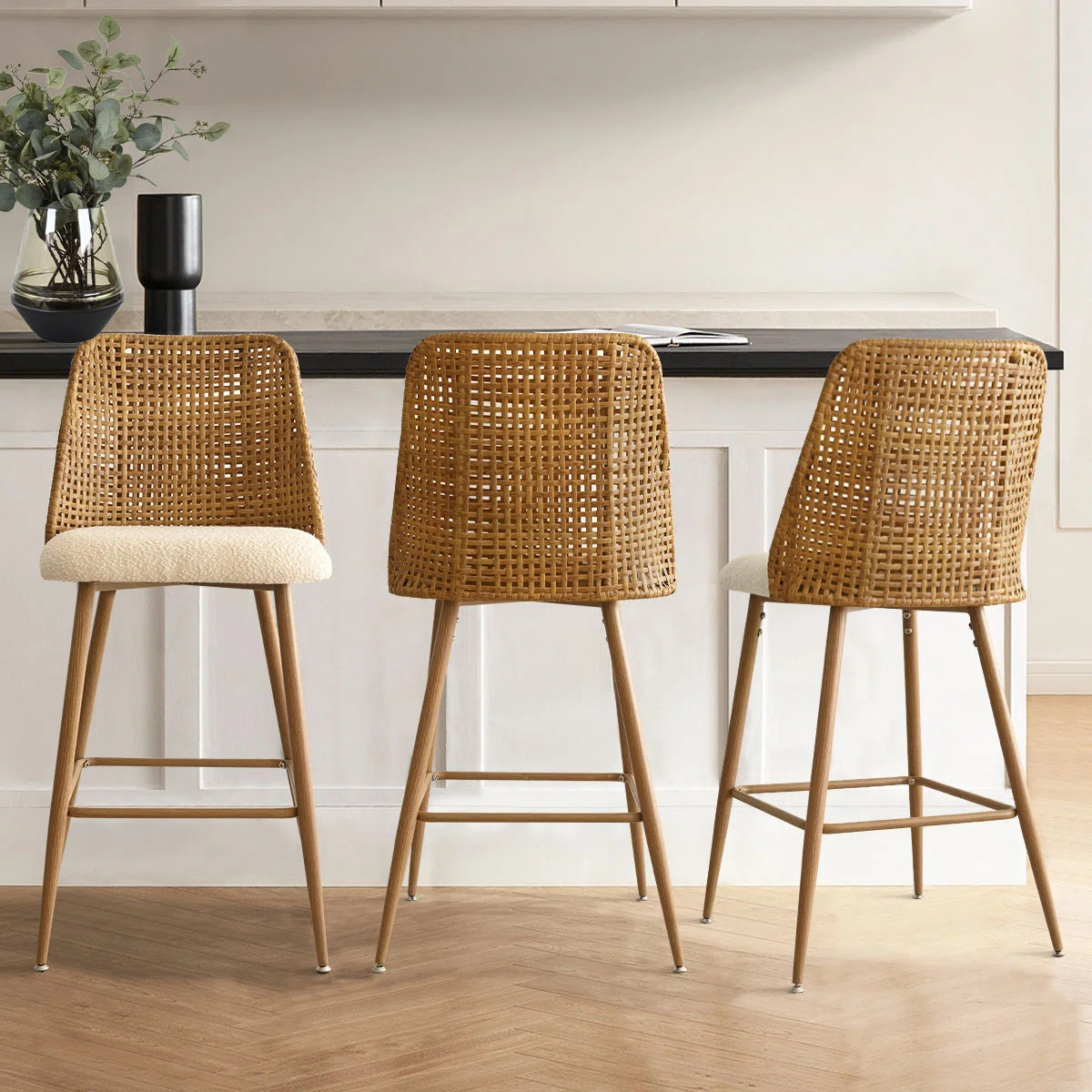 Briahnna 27" Upholstered Boucle Rattan Full Back Counter Stool Set of 3 (Set of 3) | Wayfair North America