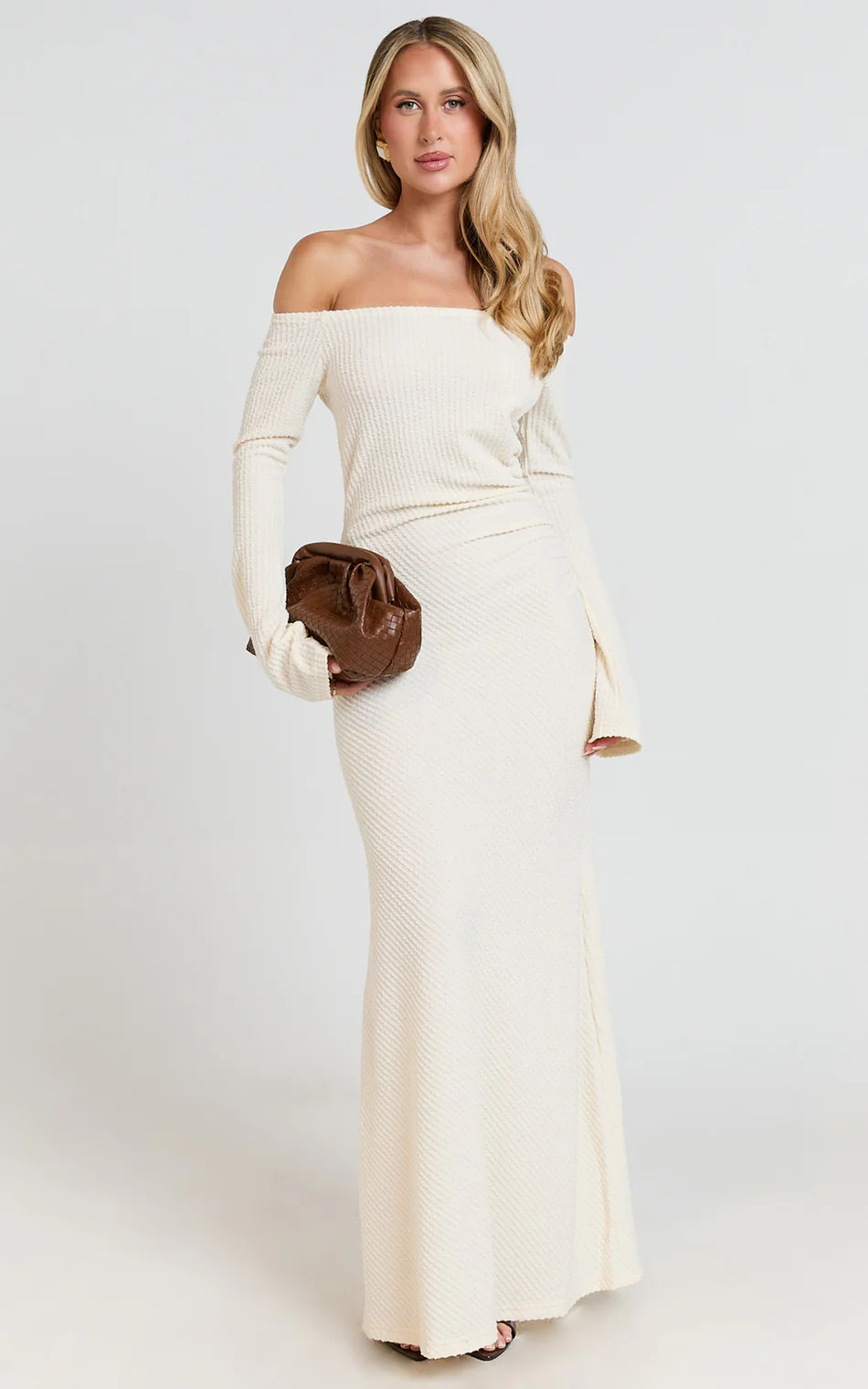 Ayla Maxi Dress - Off Shoulder Flared Sleeve Bodycon Dress in Off White | Showpo (US, UK & Europe)