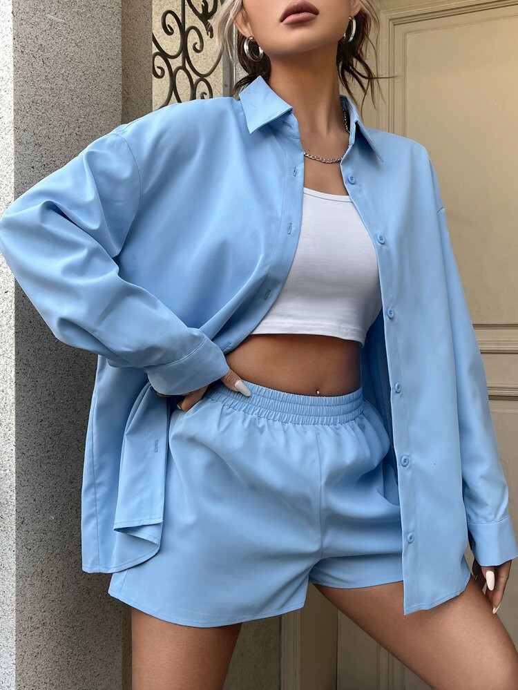 SHEIN EZwear Solid Drop Shoulder Shirt & Shorts | SHEIN