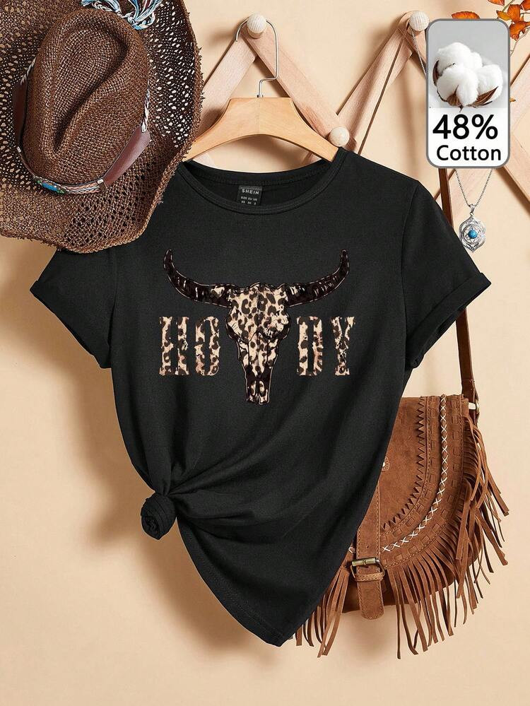 SHEIN Essnce Casual Retro Leopard Print Western Cowgirl Pattern Women T-Shirt | SHEIN