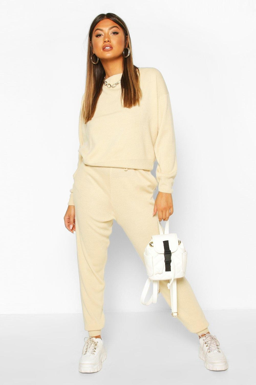 Womens Slash Neck Knitted Jogger Lounge Set - Cream - M | Boohoo.com (US & CA)