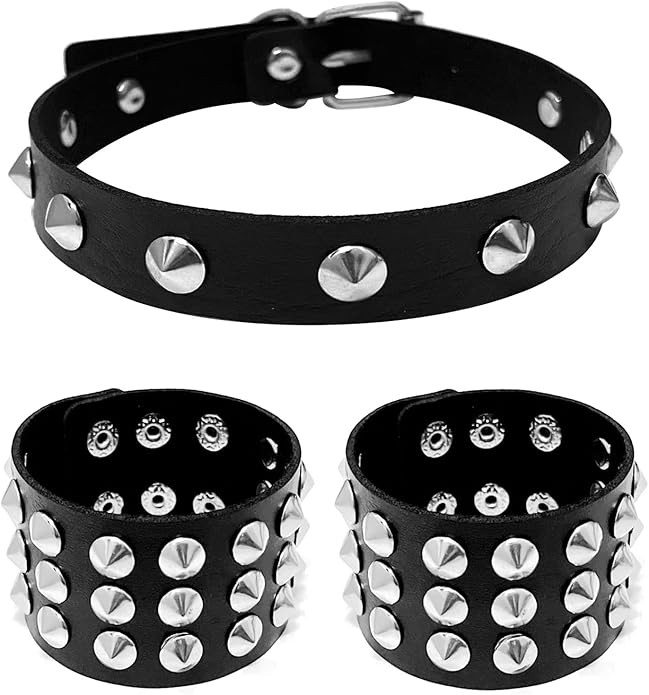 Studded Leather Choker Necklace and Bracelets Set for 80s 90s Vintage Women Men Punk Rock Emo Got... | Amazon (US)