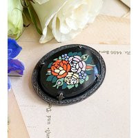 Antique Pietra Dura Style Brooch, Silver Mosaic, Vintage Inlay Brooch, Victorian Onyx Edwardian Floral Pin, Bouquet Cottagecore Pin | Etsy (US)