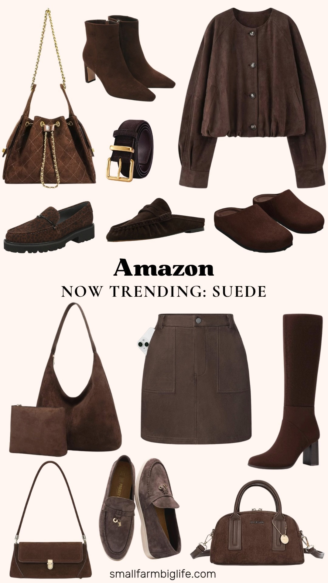 Suede is having a major moment right now and this Amazon roundup is all about the trend. From bags to boots to outerwear, everything in this roundup is bringing that rich, cozy fall texture.
For bags, I am loving the coffee brown quilted chain strap suede hobo bag, the dark coffee brown slouchy suede crescent tote, the coffee brown vintage shoulder bag, and the coffee brown suede crossbody bag. For shoes, the chocolate brown pointed toe chunky heel booties, the dark brown suede knee high chunky heel boots, the brown speckled suede Franco Sarto loafers, the dark brown Steve Madden Rafe loafer, and the chocolate brown suede clog mules are all fantastic options.
I am also loving the coffee brown faux suede button jacket for outerwear, the chocolate brown suede mini pencil skirt for a polished look, the chocolate brown genuine leather moccasin loafers, and the dark brown suede belt with the gold buckle to tie any outfit together.
Shop all of my favorite suede pieces from Amazon linked in this post to get ahead of this fall trend. 

 #LTKootd #LTKOver40 #LTKWorkwear