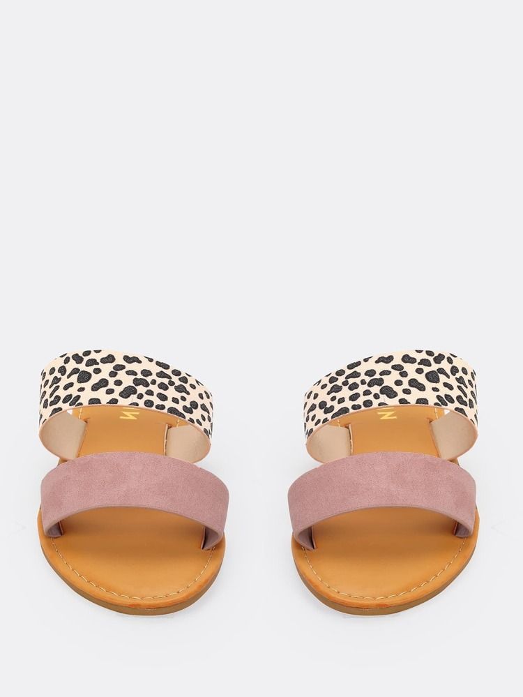 Blush Leopard Two Band Flat Slide Sandals | SHEIN