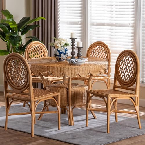 bali & pari Troy 5-Piece Rattan Dining Set - Round Wicker Table with Scallop Edge and 4 Lattice Back Chairs, Handwoven Boho Coastal Style for Indoor Kitchen or Dining Room, Light Honey | Amazon (US)