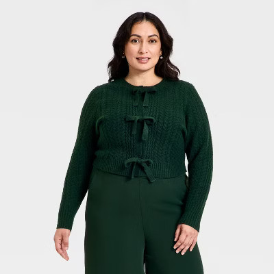 Women's Long Sleeve Bow Cardigan Sweater - A New Day™ Dark Green 1X | Target