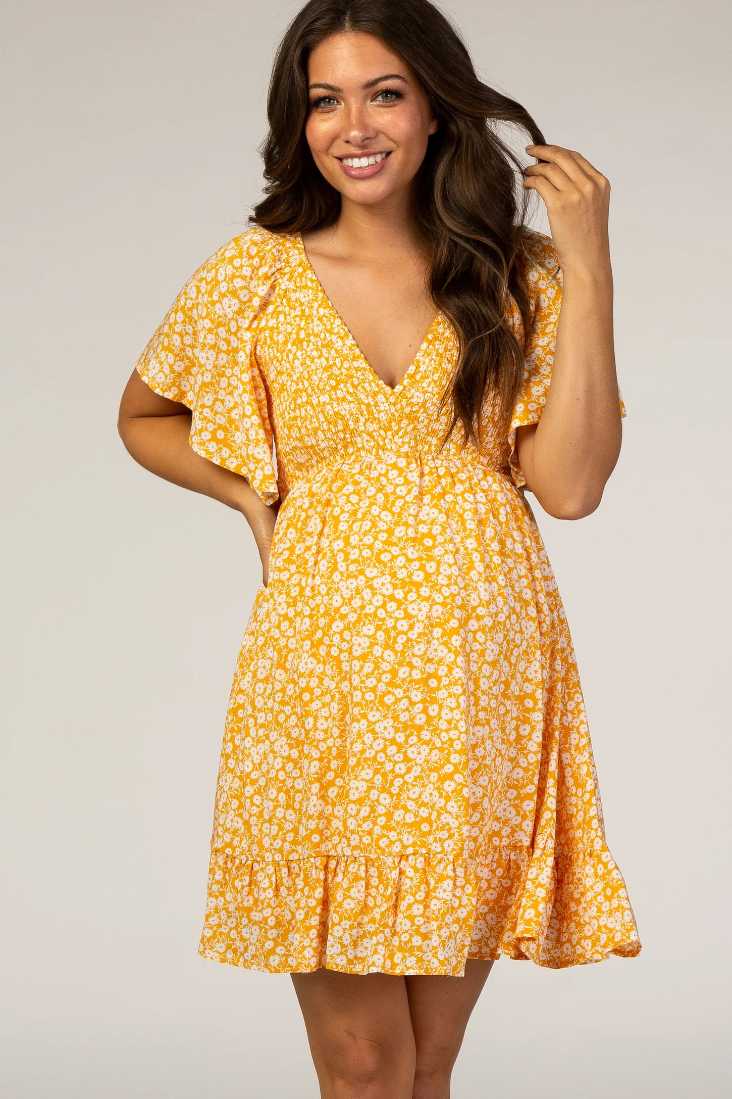 Yellow Floral Smocked Ruffle Maternity Dress | PinkBlush Maternity