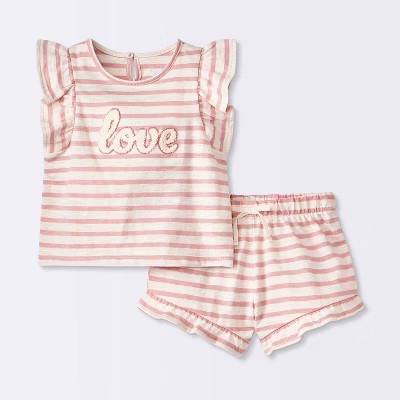 Baby Girls' Rose Striped Chenille Patch Tank & Shorts Set - Cloud Island™ Pink | Target