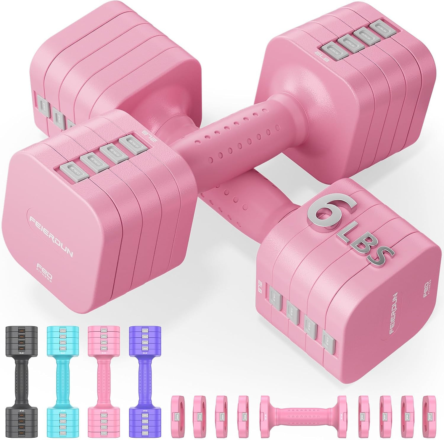 FEIERDUN DB3 5-in-1 Adjustable Dumbbell Set, 6LB/10LB Pair Adjustable Weights for Women at Home, Dual Locking Stable Hand Weights with TPU Soft Handle, Home Gym, Rehab, Pilates, Yoga, Strength Training | Amazon (US)