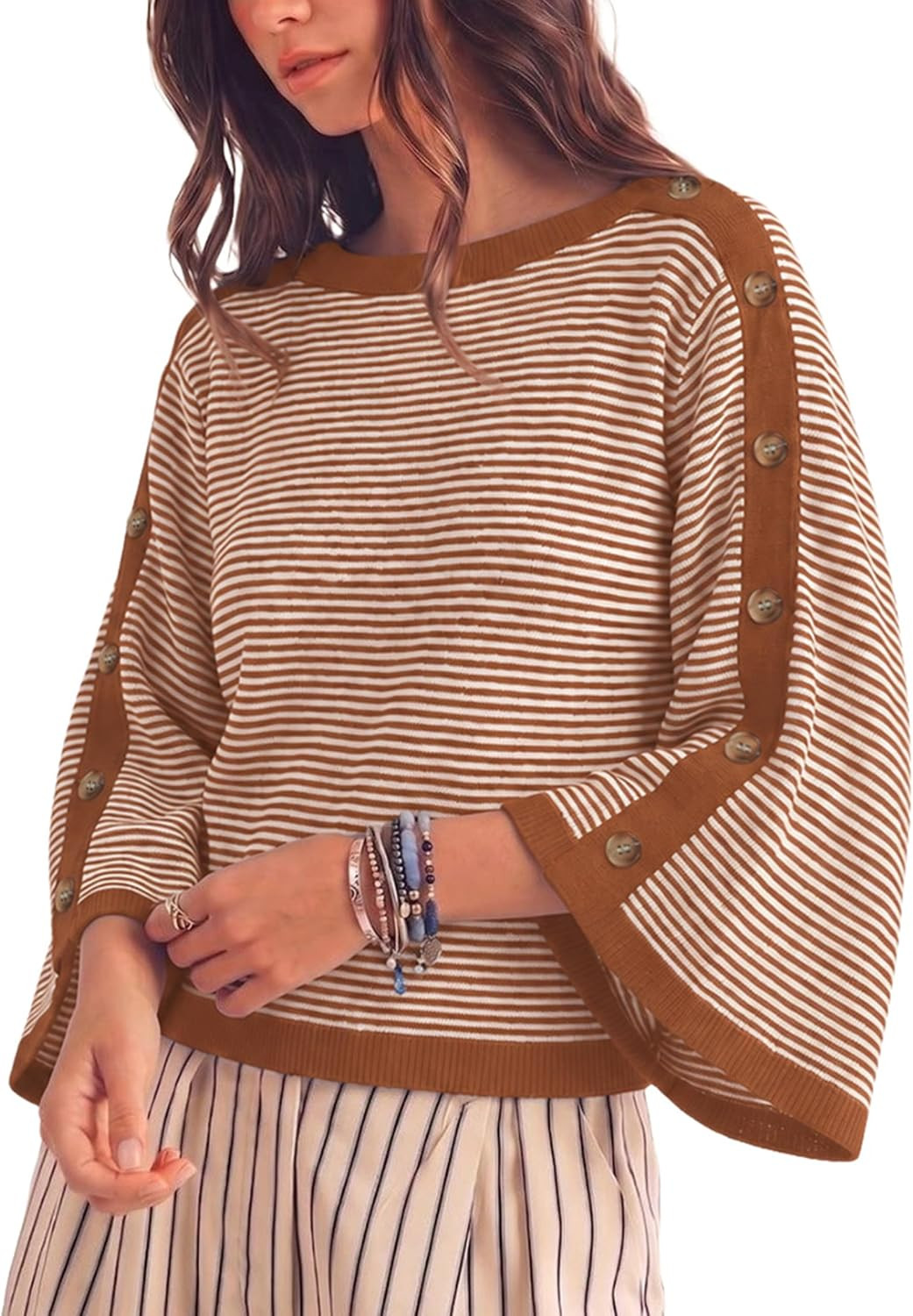 Yeokou Women's Striped Batwing Sweater 3/4 Sleeve Loose Knit Pullover | Amazon (US)