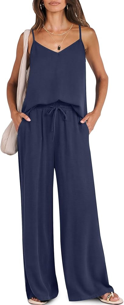 Caracilia Women Summer 2 Piece Lounge Sets Outfits Casual Matching Tank Top Wide Leg Pants Set Tr... | Amazon (US)