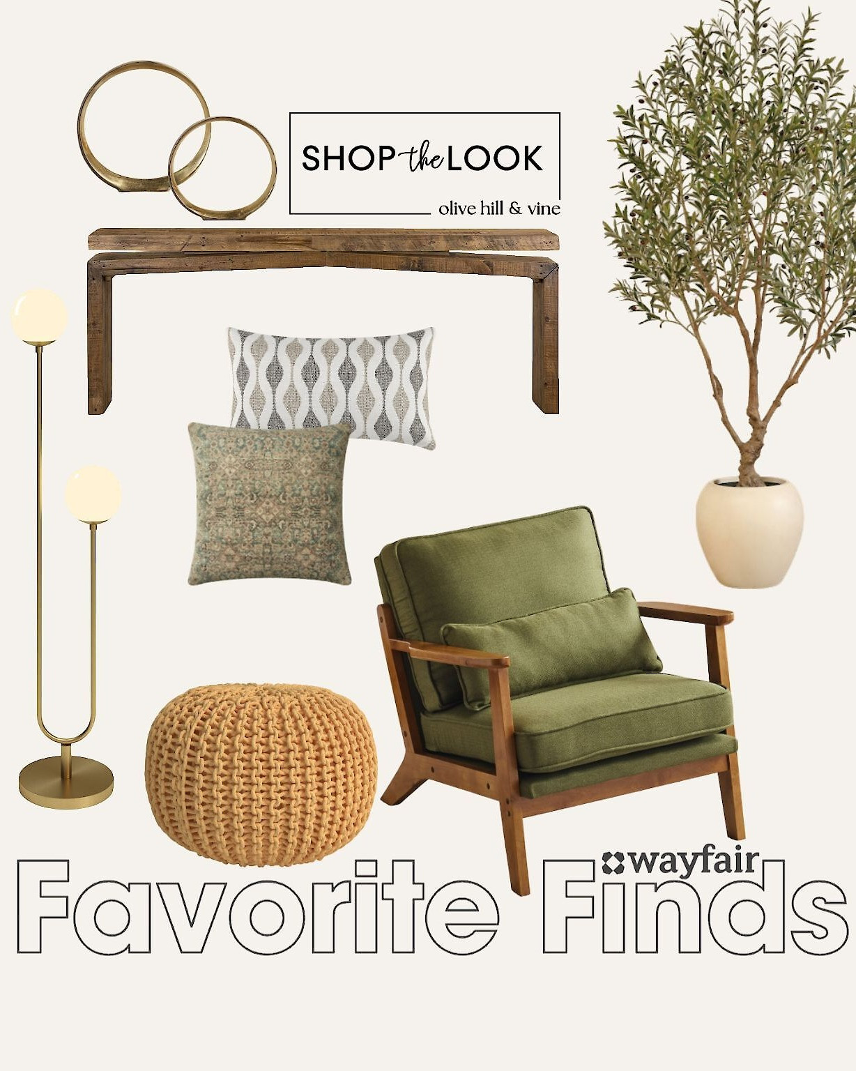 We’re all about this Wayfair lineup—green linen accent chair, pincushion pouf in sunny yellow, rustic wood console, vintage globe floor lamp, sculptural accents, a faux olive tree, and throws that tie it all together. Instant vibe.  

 

#LTKHome #LTKStyleTip #LTKFamily