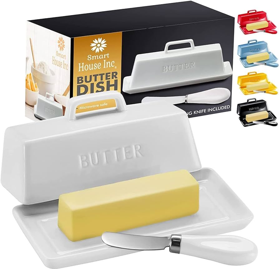 Ceramic Butter Dish Set with Lid and Knife - [White]- Decorative Butter Stick Holder with Handle ... | Amazon (US)