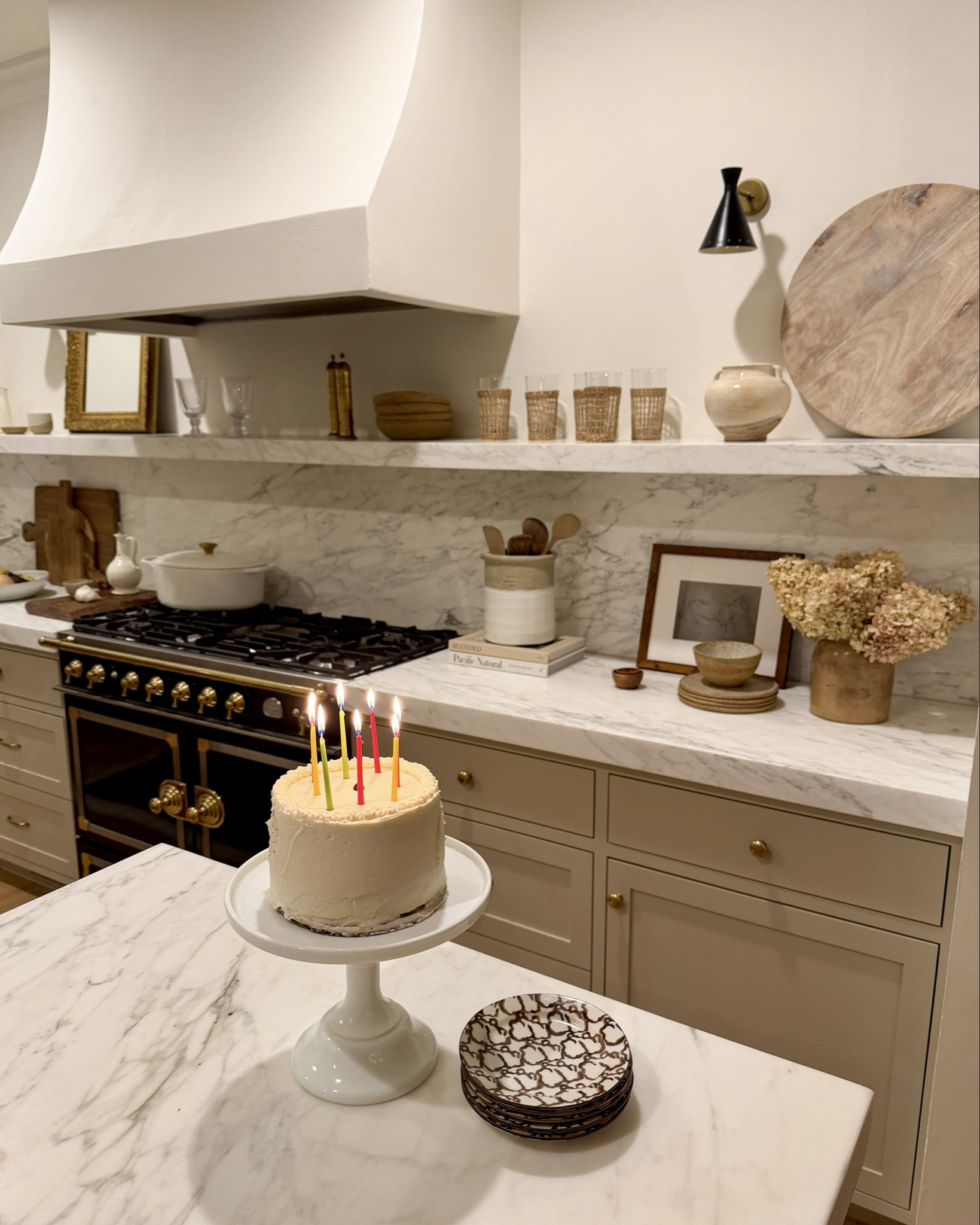 Splatterware plates, farmhouse kitchen, home decor, marble shelf, La Cornue, birthday cake. 

#LTKParties #LTKHome #LTKSeasonal