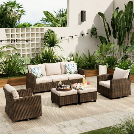 Sophia & William 5 Pieces Wicker Patio Furniture Set with Swivel Chairs 7-Seat Outdoor Conversation Set, Beige | Walmart (US)
