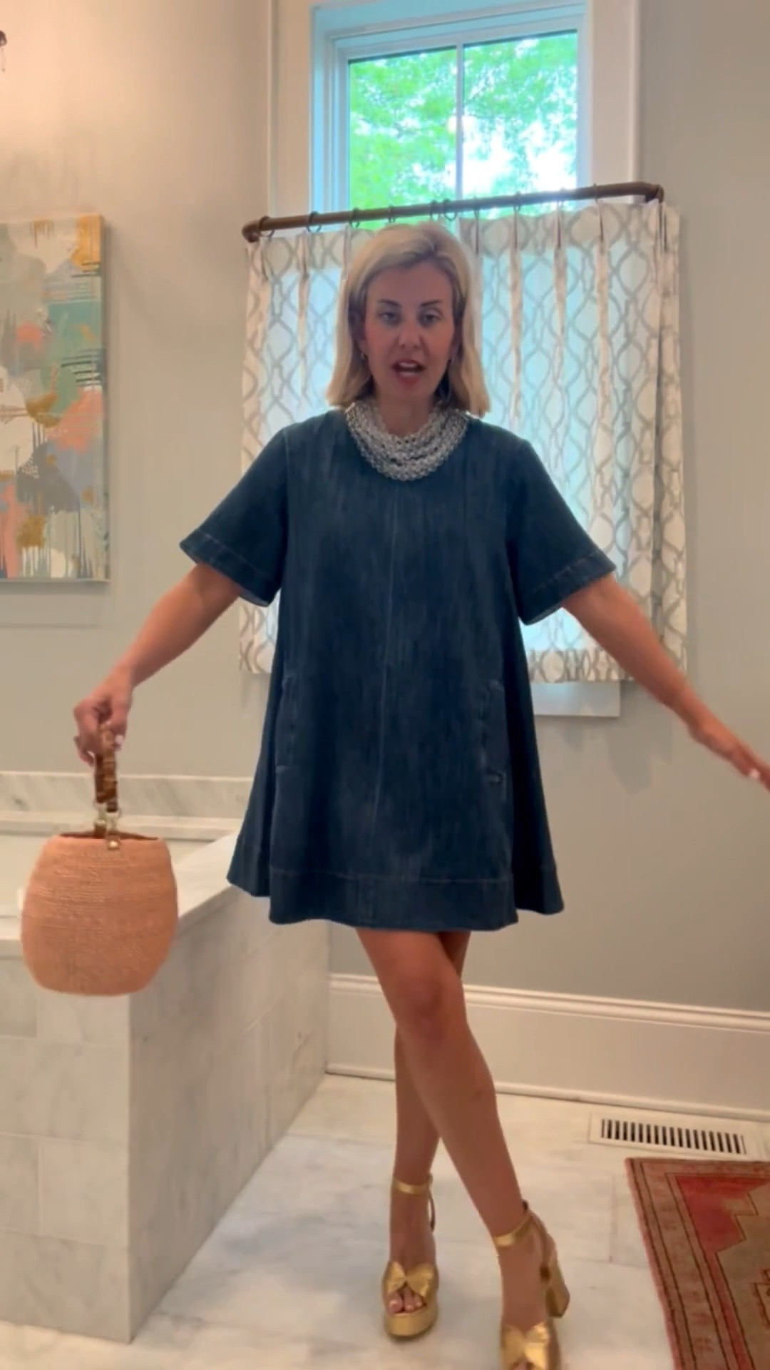 Showing you exactly how I would dress up this adorable denim dress! I’m wearing xs and 8 heel. ￼
