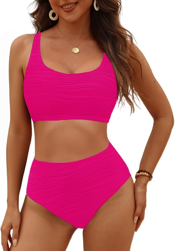 VIMPUNEC High Waisted Bikini Sets for Women Two Piece Tummy Control Swimsuits Sporty High Cut Bat... | Amazon (US)