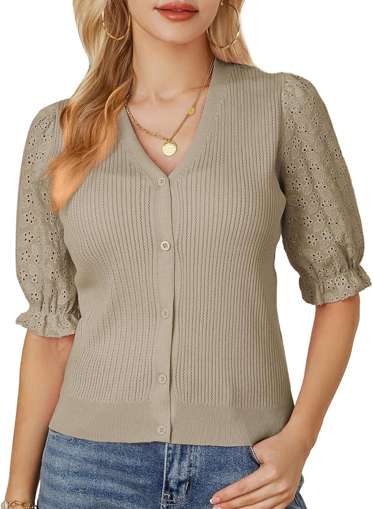 GRACE KARIN Womens Short Sleeve Cropped Cardigans Sweaters Lightweight Open Front V Neck Button K... | Amazon (US)