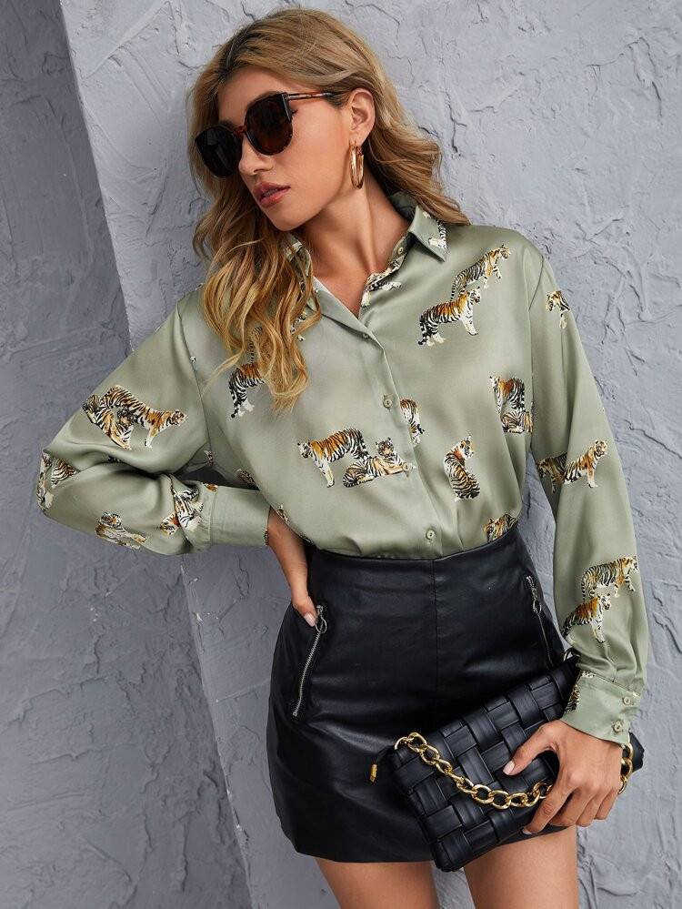 Tiger Print Button Up Longline Blouse | SHEIN