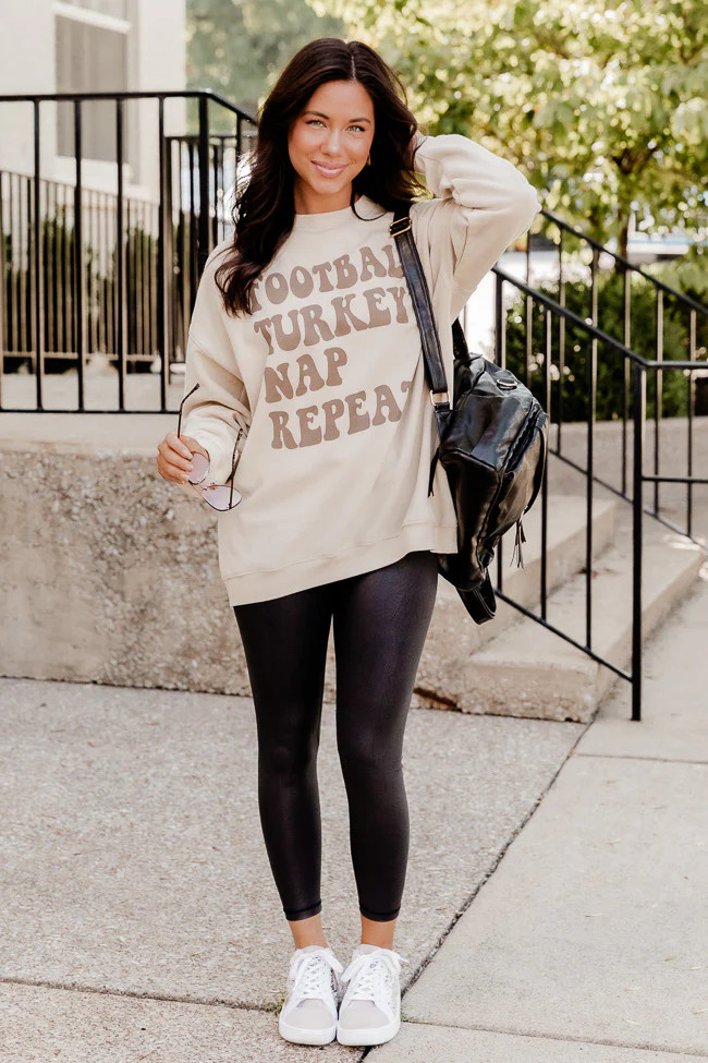Football Turkey Nap Repeat Light Tan Oversized Graphic Sweatshirt | Pink Lily