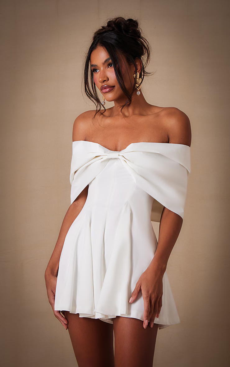 Premium White Satin Extreme Bow Detail Romper | Jumpsuits & Rompers | PrettyLittleThing US