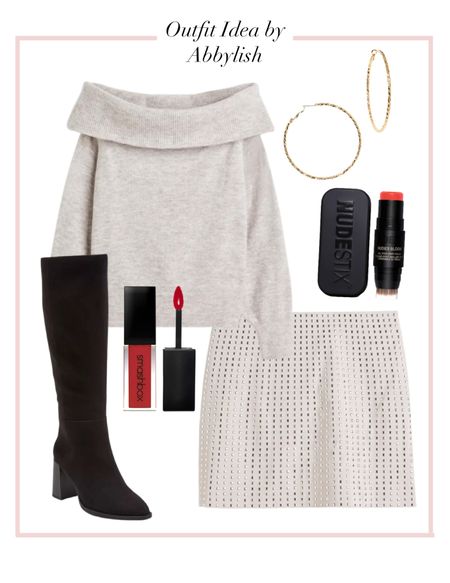 Off the shoulder sweater paired with a studded mini skirt and tall black boots. Effortless winter night out. Everything TTS

#LTKstyletip #LTKSeasonal #LTKunder50