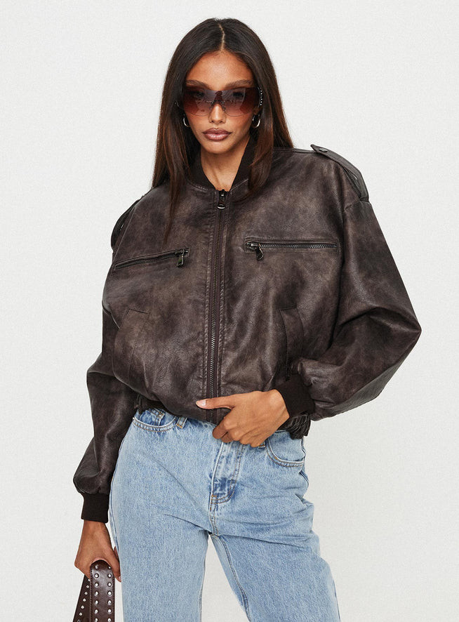 Casey Faux Leather Biker Jacket Chocolate | Princess Polly US