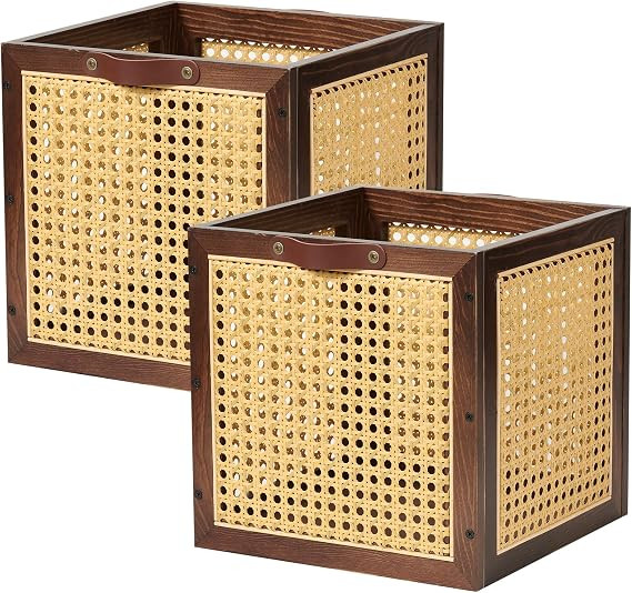 2PCS Rattan Storage Cubes Decorative Handmade Wooden Basket Box | Amazon (US)