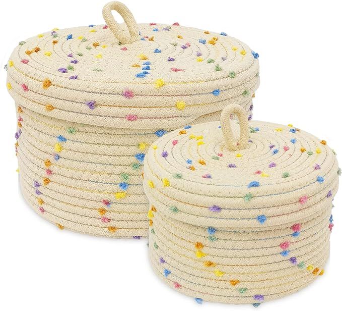 Esme L&H Round Storage Baskets with Lids,Small Storage Baskets Set of 2,Cotton Rope Woven Storage... | Amazon (US)
