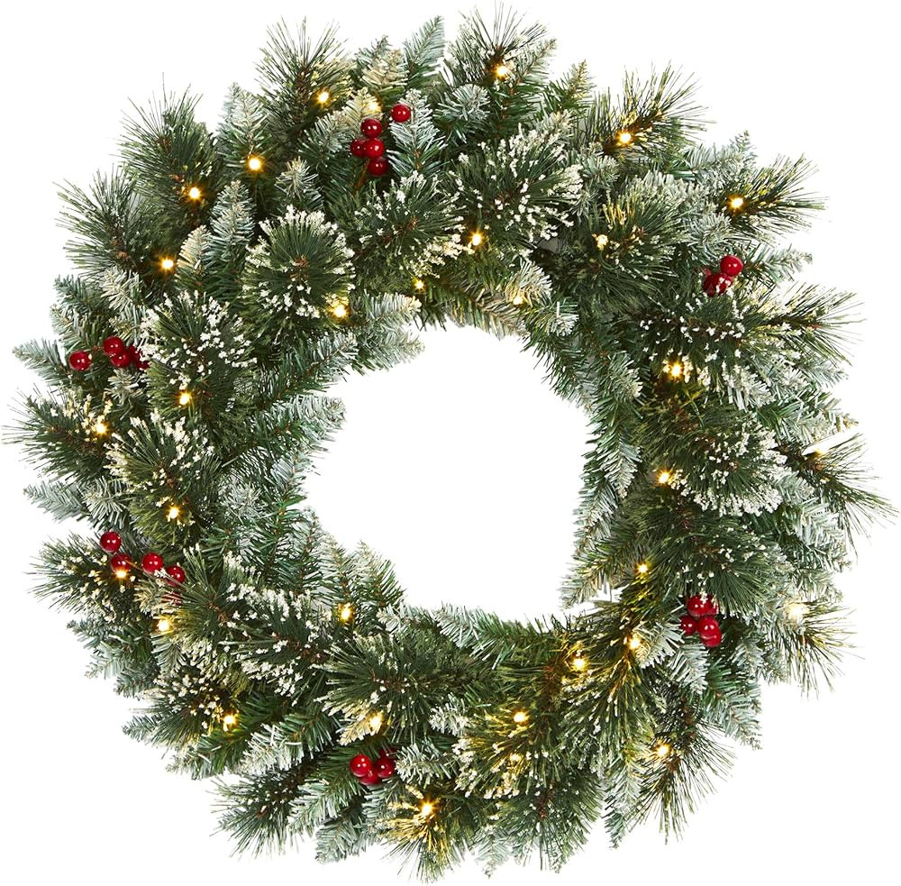 Nearly Natural 24in. Frosted Swiss Pine Artificial Wreath with 35 Clear LED Lights and Berries, G... | Amazon (US)