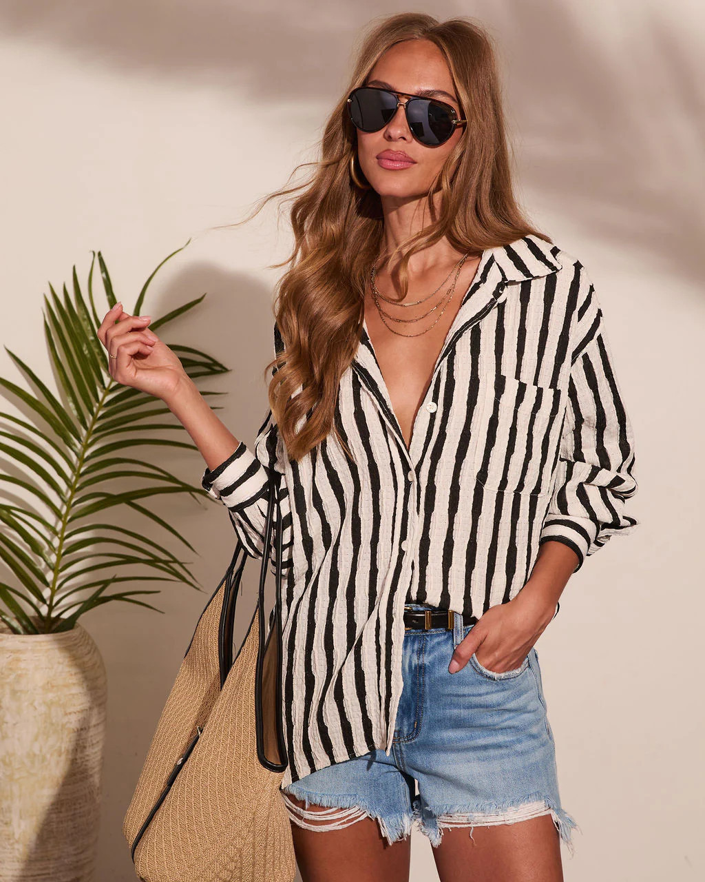 Rosanne Striped Button Down Top Black / L | VICI