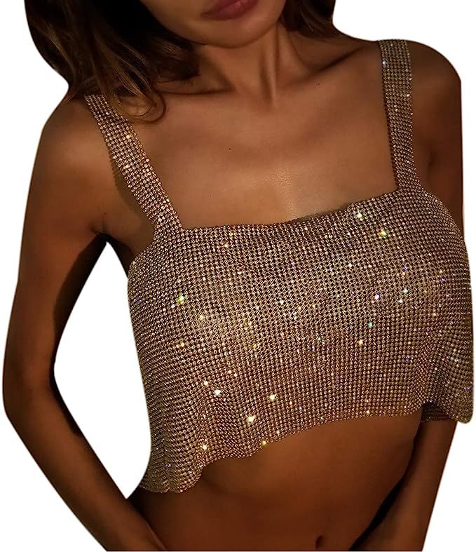 Women Sexy Sparkly Crystal Rhinestone Rave Crop Top Sleeveless Vest Shirt Body Chain for Clubwear... | Amazon (US)