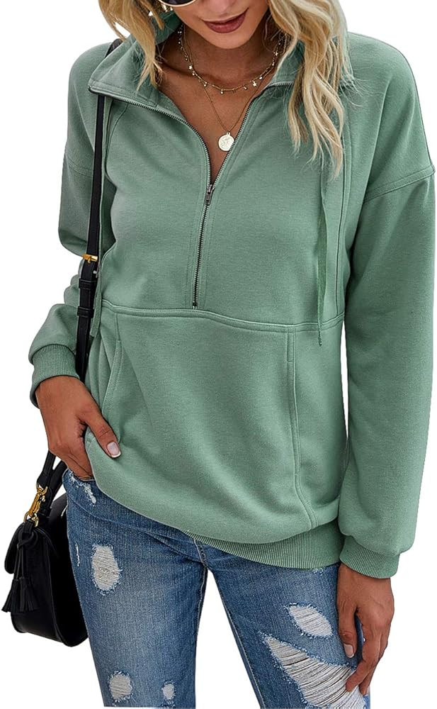 PRETTYGARDEN Women's Casual Long Sleeve Lapel Zipper Sweatshirt Drawstring Loose Pullover Tops | Amazon (US)