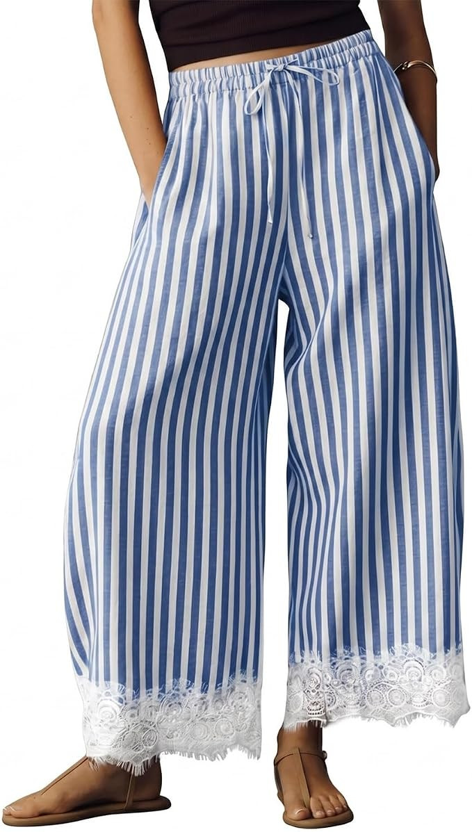 Women Lace Hem Striped Pants Wide Leg Pants Elastic Waist Drawstring Summer Casual Trousers with ... | Amazon (US)