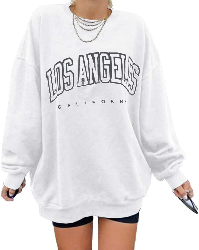 Women’s Oversized Sweatshirts Los Angeles California Hoodies Crewneck Long Sleeve Boyfriends Pullove | Amazon (US)