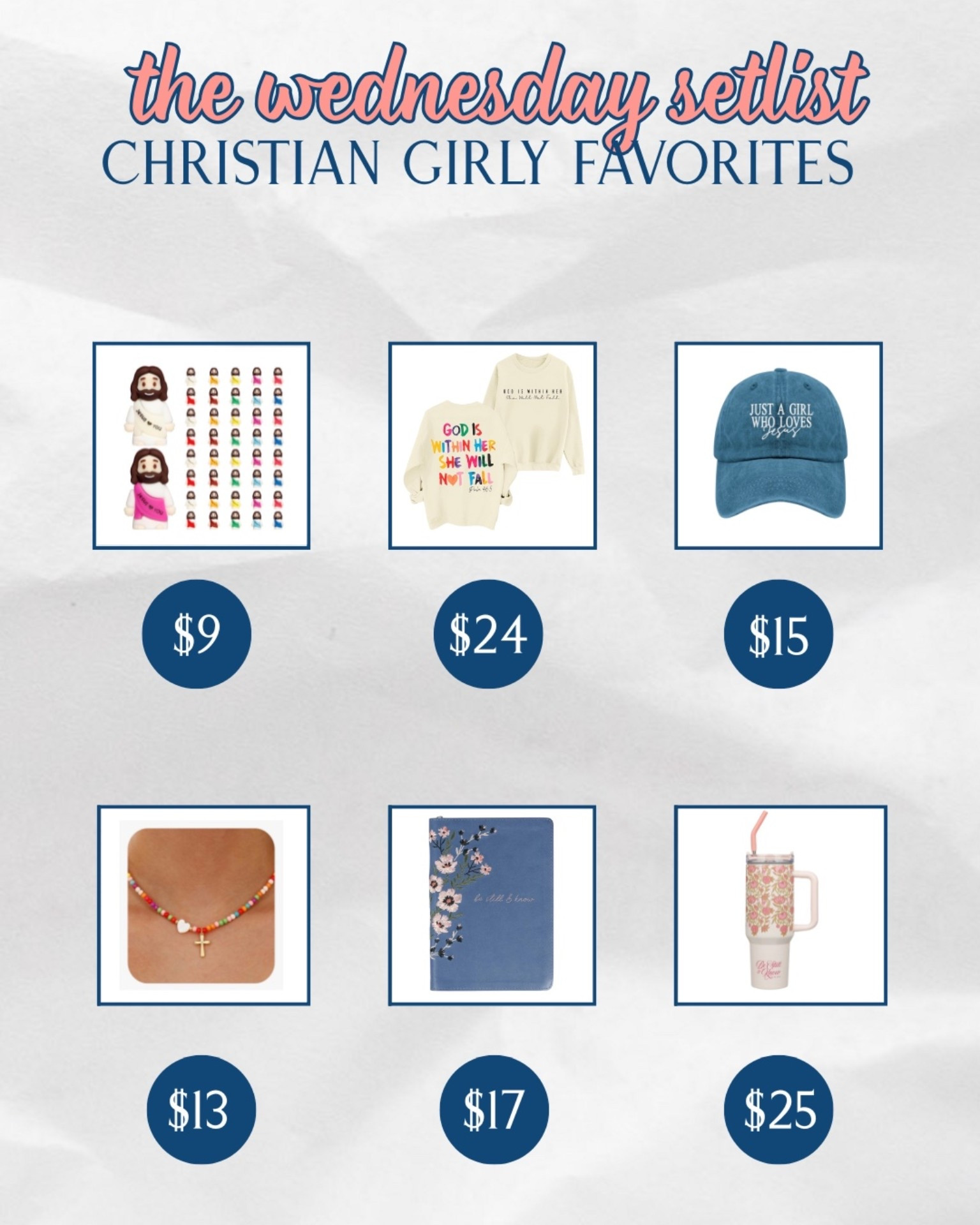 Wednesday set-list! Christian girly favorites. December 17th 2025 

#LTKHoliday #LTKFindsUnder100 #LTKFindsUnder50