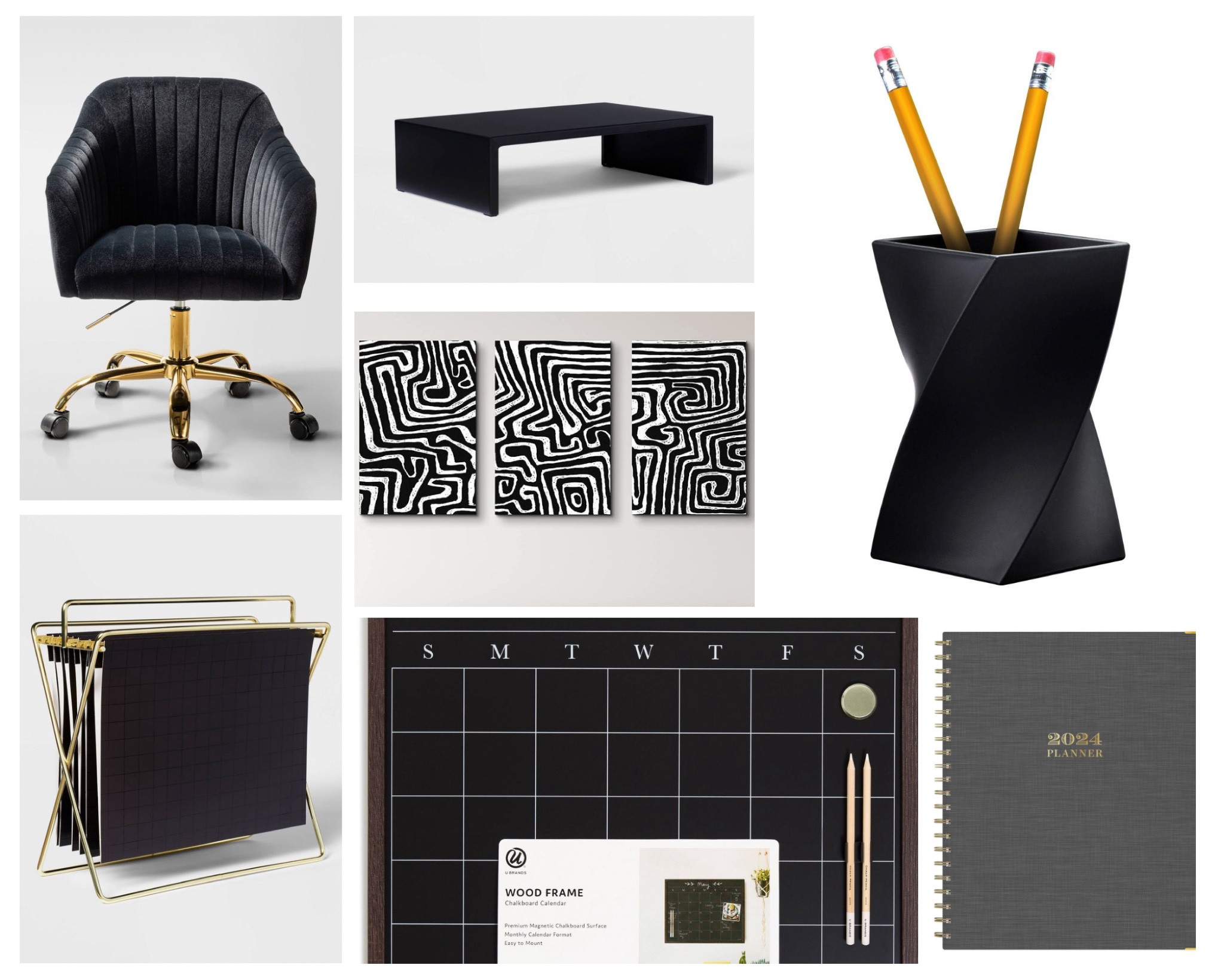 Black aesthetic office - office decor - modern office ideas - modern desk chair - monitor stand - pen holder- black and white artwork - planner 

#LTKsalealert #LTKfamily #LTKhome