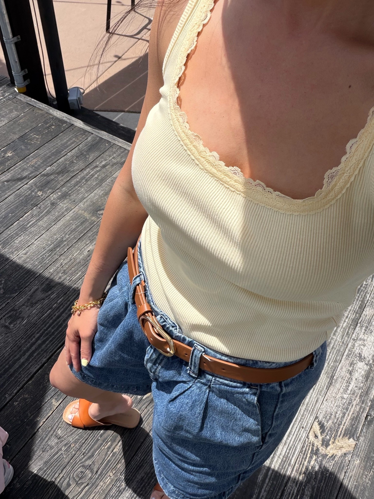 Summer outfit idea. Casual summer outfit. Yellow tank top with jean shorts and brown belt. How to style jean shorts this summer.

#LTKgrwm #LTKootd #LTKmomlife