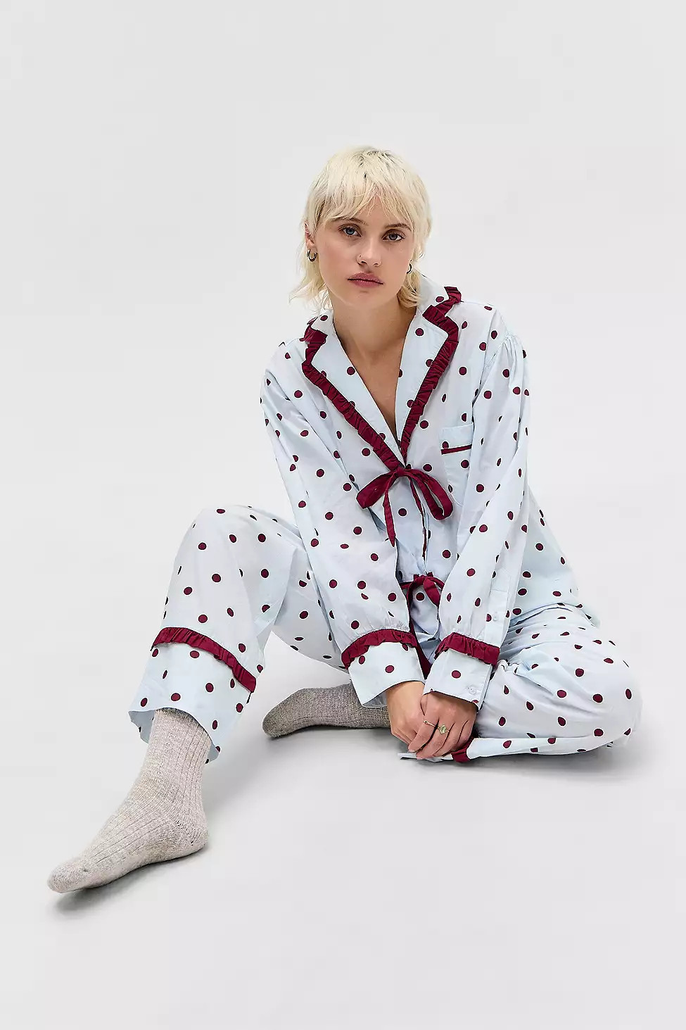 Damson Madder Antonella Polka Dot Pyjama Set - Light Blue UK 8 at Urban Outfitters | Urban Outfitters UK